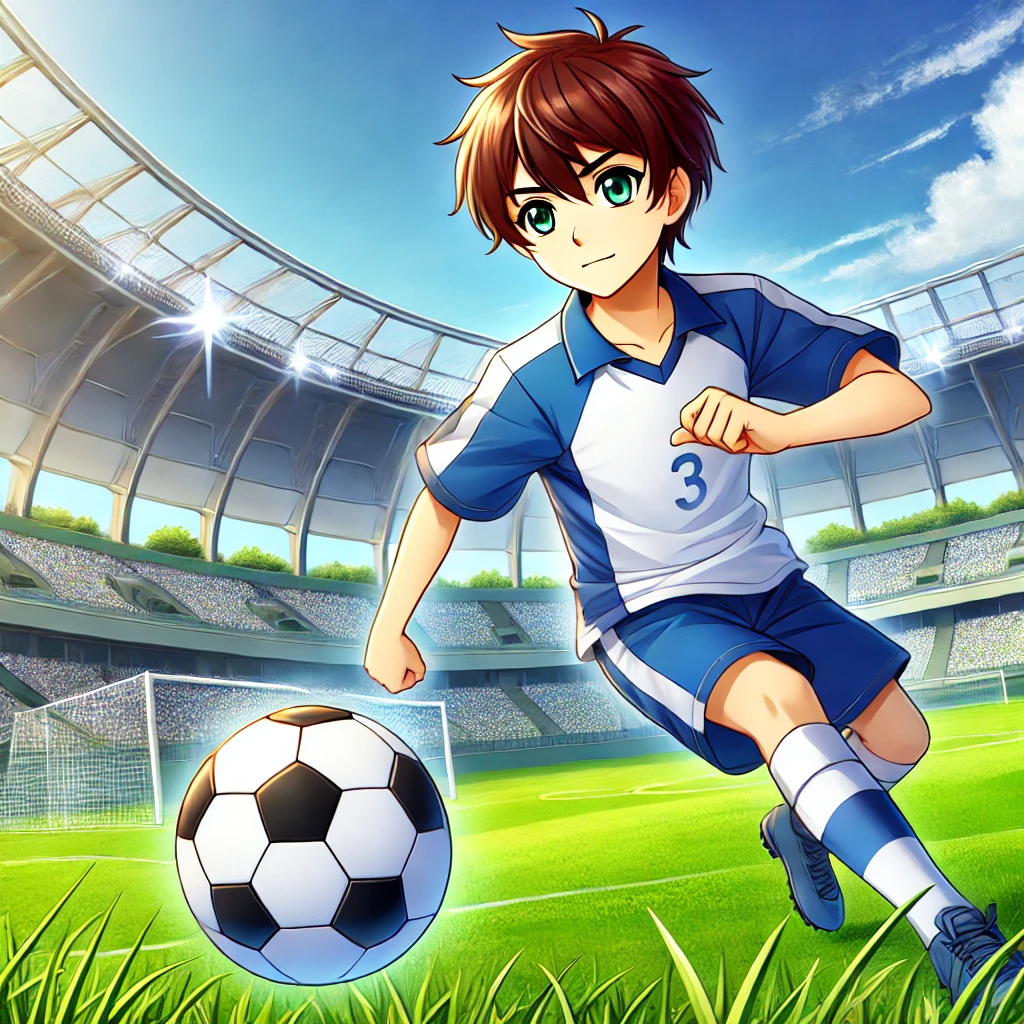 『アオアシ』の東京シティ・エスペリオンFCのユニフォームをイメージしたサッカー選手のシルエットとJリーグのスタジアム背景。Jユースの世界を解説するデザイン。