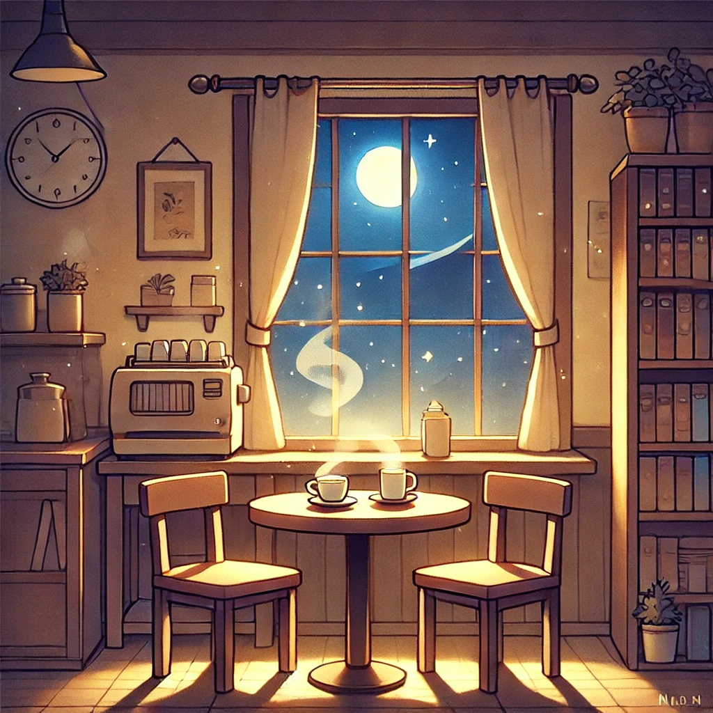 夜のカフェでコーヒーを手にする女性と、窓の外に輝く満月が描かれたイラスト。『月とコーヒー』の静かでロマンチックな世界観を表現。