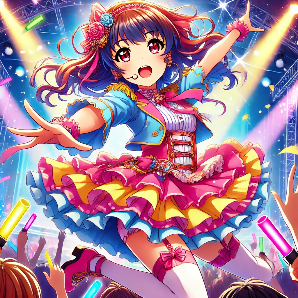 推し活を楽しむアイドルオタクのイラスト。ペンライトを持ったファンや推しグッズに囲まれた部屋のイメージ。