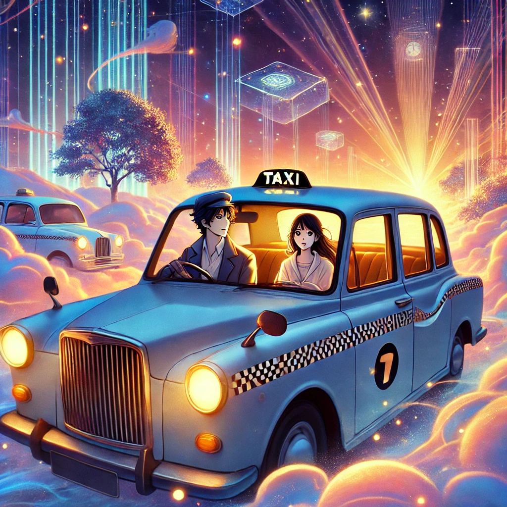 タクシーに乗る主人公とミステリアスな運転手のイラスト。過去と未来を象徴する時計や街並みが背景に描かれている。
